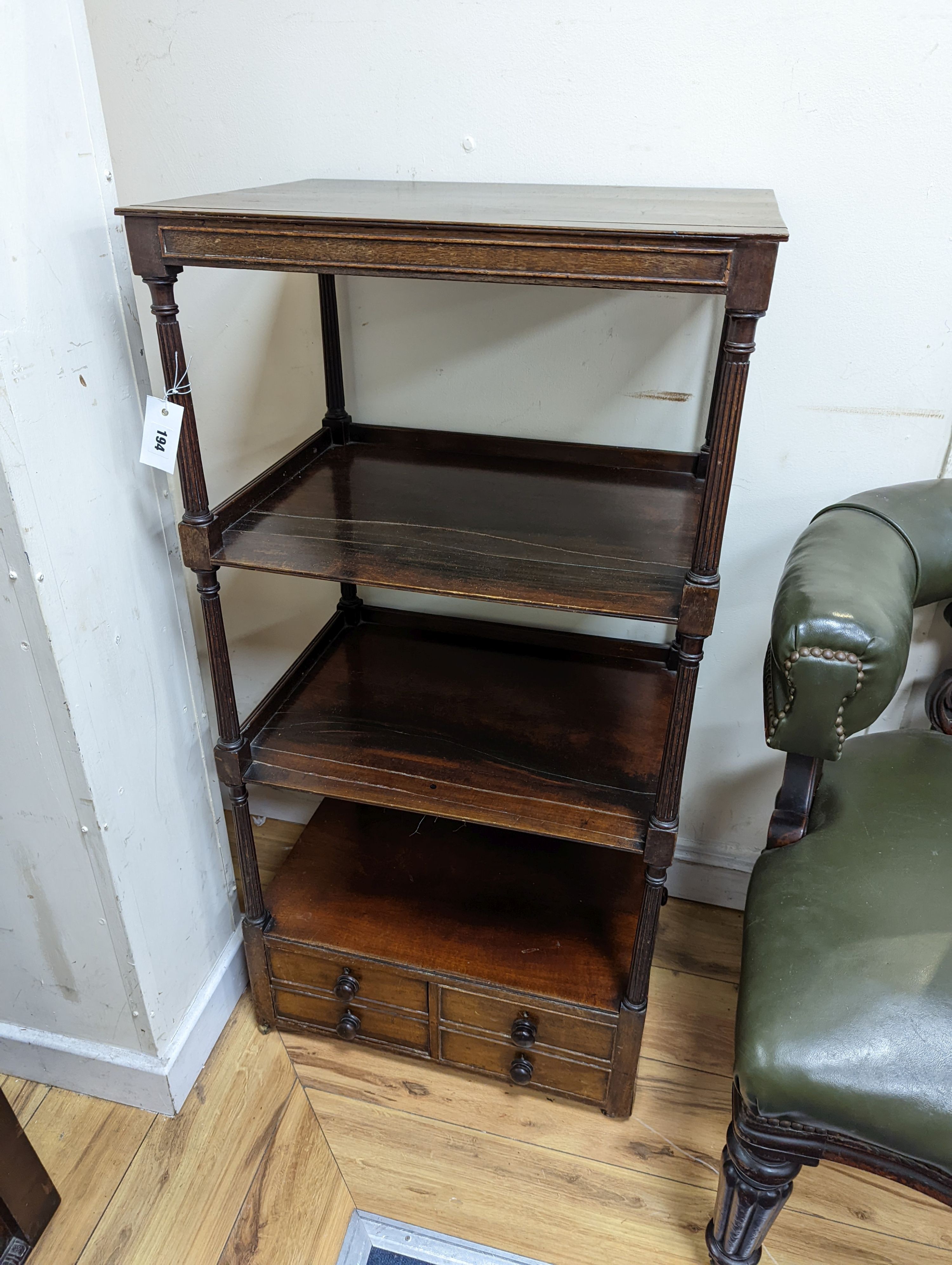 A Regency mahogany four tier whatnot, width 54cm, depth 41cm, height 108cm